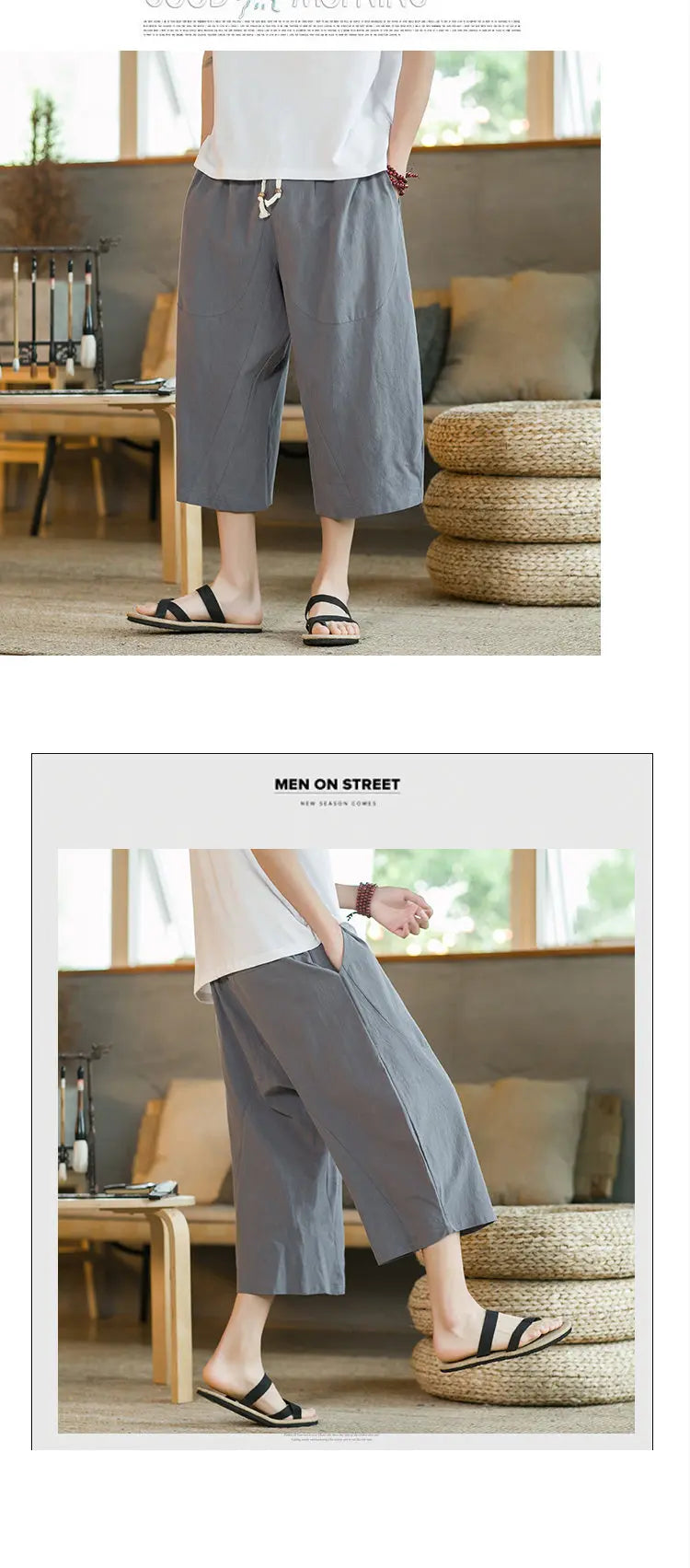 Pantaloni di lino da uomo in stile cinese Pantaloni a gamba larga da uomo con cavallo basso Pantaloni da uomo HipHop Pantaloni al polpaccio Pantaloni da pista Streetwear
