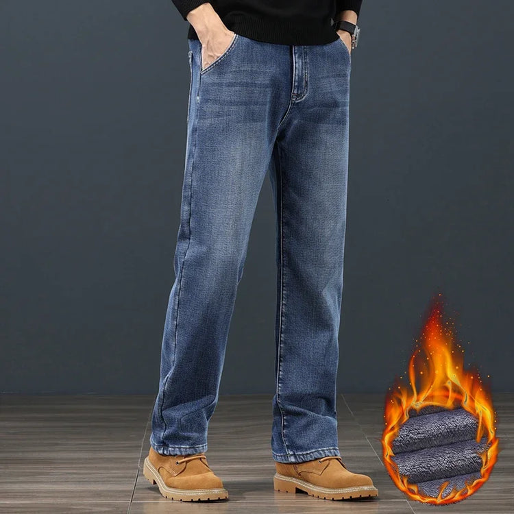 Winter Fleece Classic Loose Straight Men Jeans Warm Thicken Trousers Business Casual Velvet Elastic Denim Pants Plus Size 42 44
