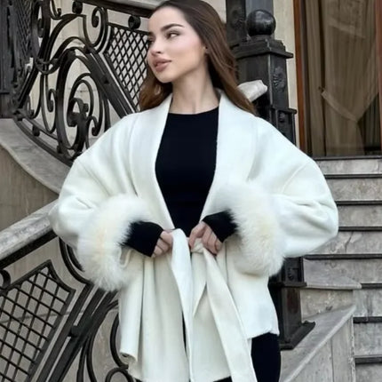 Solid Lace Up Faux Fur Sleeve Jacket Woman Elegant Mid-length V-neck Woolen Blend Coat Autumn Casual Fashion Scarf Outwear 2025