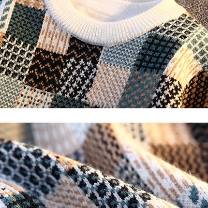 New Fashion Men Plaid Pullover Winter Sweaters Outwear Loose Casual Knitted Sweaters Male O-neck Pullovers Sweatercoats Size 4XL