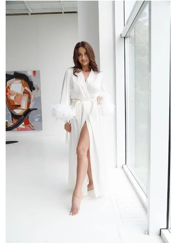 Abito lungo in seta Abito da boudoir bianco Abito da boudoir in seta Abito da sposa Kimono Abito da