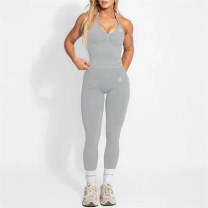 Women's Yoga Set Bum Balance Fitted Halter Tops & Shaping Pants 2pcs Yoga Sportwear Workout Gym Clothing High Waist Leggings Set