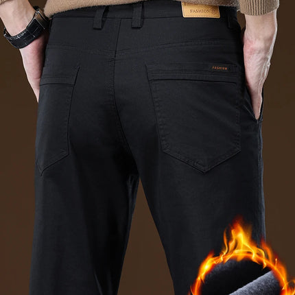 Winter Fleece Men's Casual Pants Business Straight Thick Warmth Fashion Velvet Trousers Classic Solid Color Slim Plush Pants