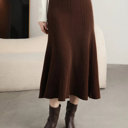 Grace Women's Skirt 100% Merino Wool Skirt Hip Hugging A-Line Wave Skirt Knitted Warm Autumn Winter Dress Slim Office Lady Skirt PlatiNum