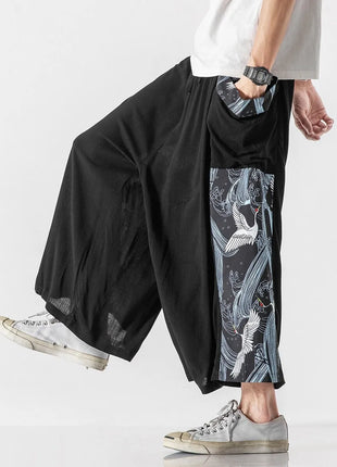 Men's Summer Harajuku Harem Pants Cotton Linen Joggers Mens Calves Length Loose Vintage Japanese Ukiyo-e Print Pants