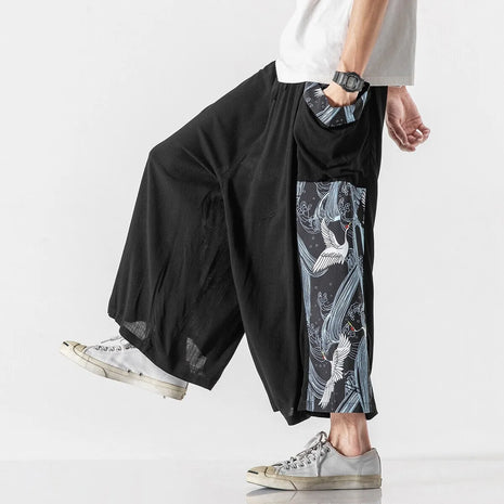 Men's Summer Harajuku Harem Pants Cotton Linen Joggers Mens Calves Length Loose Vintage Japanese Ukiyo-e Print Pants