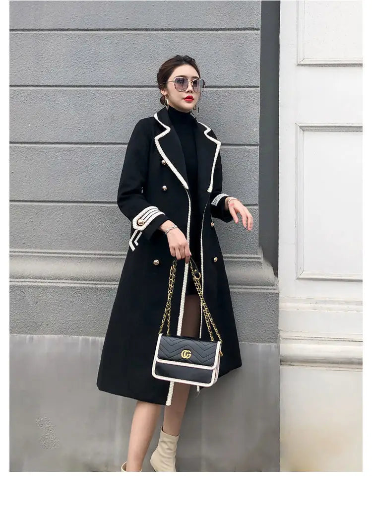 Women White Long Woolen Coat Autumn Winter British Hepburn Style Thicken Slim Double-Breasted Woolen Coat New Women Outwear