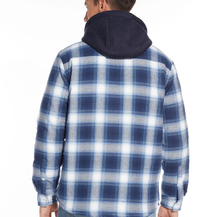 TACVASEN Men's Flannel Shirt Jacket with Removable Hood Plaid Quilted Lined Winter Coats Thick Hoodie Outwear Man Fleece Shirts