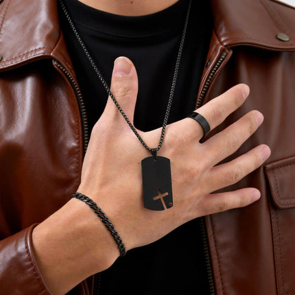 Set di 3 Pezzi: Collana Dogtag per Uomini e Ragazzi, Bracciale con Catena Cubana in Acciaio Inossidabile, Set di Anelli Impermeabili Regalo platinumshop