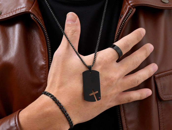 Set di 3 Pezzi: Collana Dogtag per Uomini e Ragazzi, Bracciale con Catena Cubana in Acciaio Inossidabile, Set di Anelli Impermeabili Regalo platinumshop