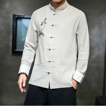 Camicie con ricamo gru Abbigliamento tradizionale cinese vintage Mezza manica da uomo in lino Solido colletto Madarin Cardigan Hanfu Kungfu