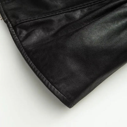 Vintage Elastic Waist Cinching Brwon Leather Jacket Women Casual Lapel Zipper Pu Coat Lady Autumn Outdoors Highstreet Outwear