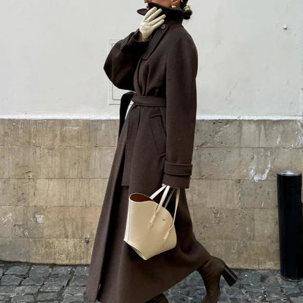 Women's Long Woolen Overcoats Stand Collar Single Breasted Lace Up Oversized Coat Autumn Winter Female Loose New Chic Outerwears