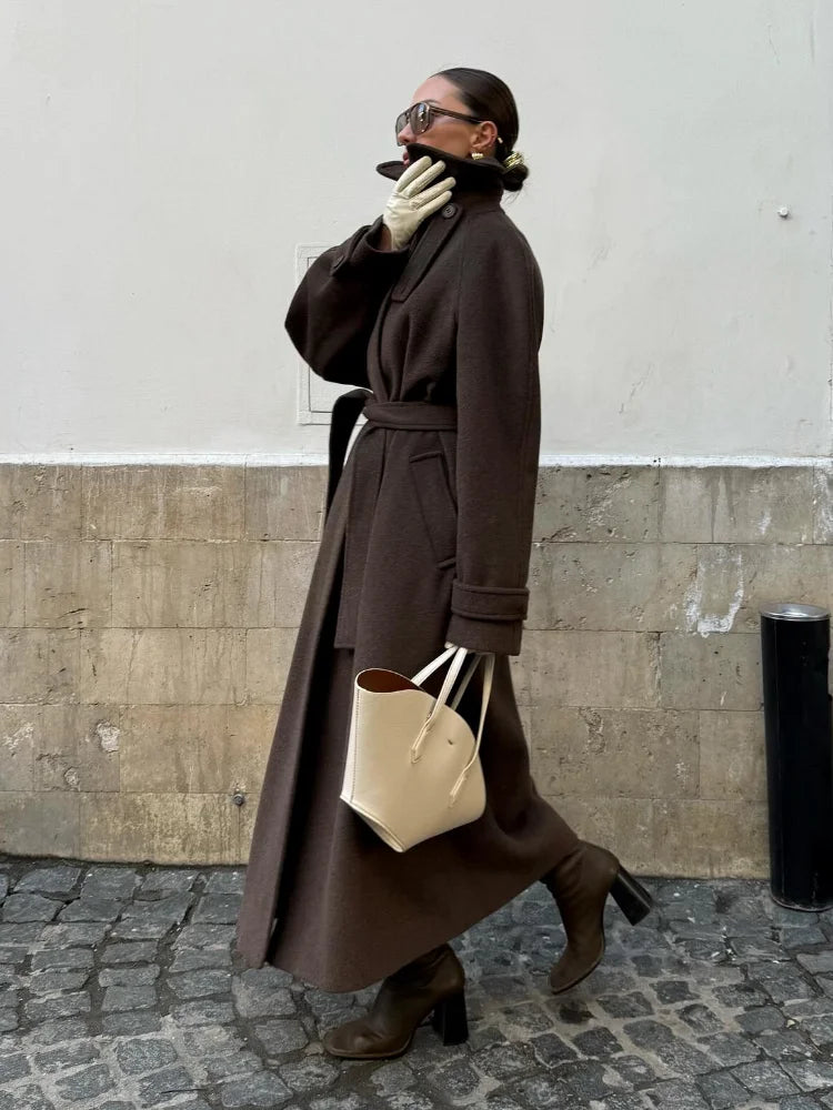 Women's Long Woolen Overcoats Stand Collar Single Breasted Lace Up Oversized Coat Autumn Winter Female Loose New Chic Outerwears