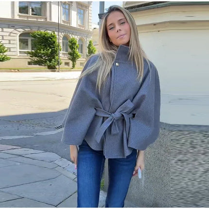 Elegant Wool Blend Cropped Coat With Belt For Women Chic Stand Collar Button Three Quarter Sleeve Jacket 2025 Autumn Outerwear