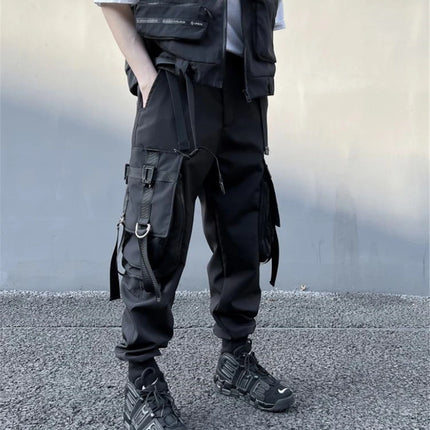 Hip Hop Tactical Cargo Pants Men Multi Pocket Ribbon Design Joggers Trousers 2023 Spring Functional Elastic Waist Pant Black