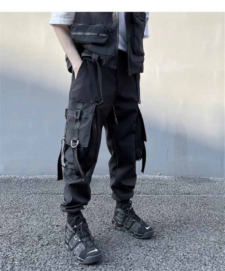 Hip Hop Tactical Cargo Pants Men Multi Pocket Ribbon Design Joggers Trousers 2023 Spring Functional Elastic Waist Pant Black