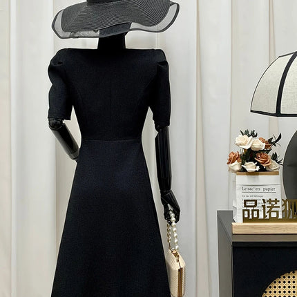Women's Lautaro Spring-Summer Black Slim Elegant Dresses, V-Neck with Puff Short Sleeves and Buttons, Chic Luxury Designer Clothing