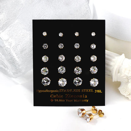 LUXUSTEEL 10 paia/set 3-10mm Orecchini in cristallo bianco trasparente per donna uomo Acciaio inossidabile Zircone CZ Piercing all'orecchio all'ingrosso platinumshop