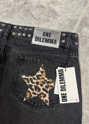 Y2k One Dilemma Pantaloni in denim Stampa leopardata Stella Jeans a gamba larga Streetwear Jeans larghi a vita alta Harajuku Abbigliamento donna gotico