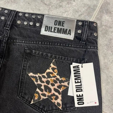 Y2k One Dilemma Pantaloni in denim Stampa leopardata Stella Jeans a gamba larga Streetwear Jeans larghi a vita alta Harajuku Abbigliamento donna gotico
