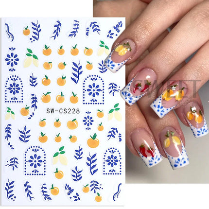 3/5pcs 3D Blue Fruit Bohemian Nail Sticker Cartoon Lemon Orange French Floral Petals Lines Leaves DIY Summer Manicure Decoration