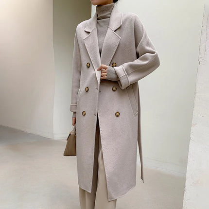 Ladies' 100% Cashmere Thick Double-Sided Extended Coat, Classic, Versatile and Fashionable for Business and Leisure