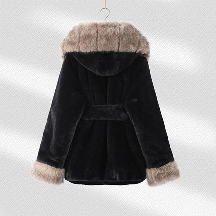 Casual Patchwork Faux Fur Collar Women's Coat Lace Up Pockets Thicken Lady Coats 2026 Autumn Winter Female Street Outerwear
