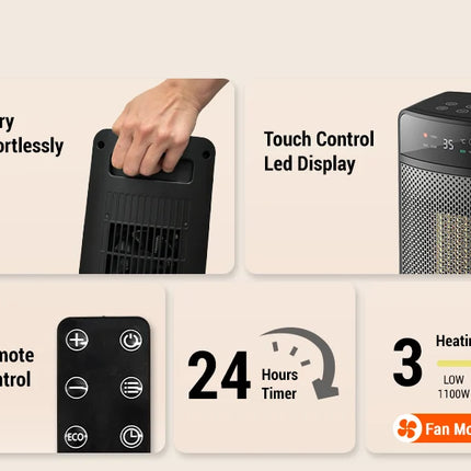 Portable Electric Heater with Remote Control 2000W PTC Ceramic Space Heater 16inch Oscillating Instant Warmth Quiet Air Blower Fan V0-Grade Fireproof Materials Overheat Protection Tilting Protection Home Appliance for Bedroom