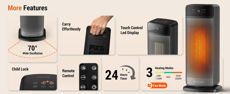 Portable Electric Heater with Remote Control 2000W PTC Ceramic Space Heater 16inch Oscillating Instant Warmth Quiet Air Blower Fan V0-Grade Fireproof Materials Overheat Protection Tilting Protection Home Appliance for Bedroom