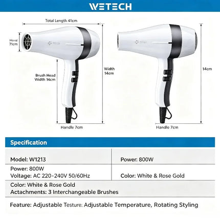WETECH 2000W Professional Negative Ionic Hair Dryer Adjustable Temperature Speed Blow Dryer With Concentrator Nozzle Home Salon Hair Styling Tool 100-240V Dual Voltage