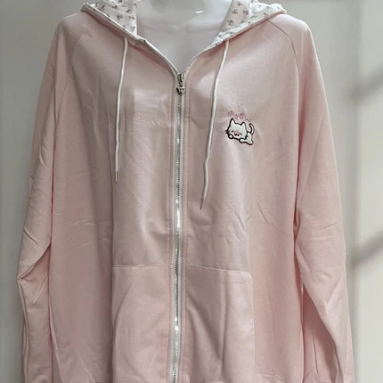 Y2k Hoodies Green Kawaii Cat Floral Print Hooded Zip-up Woman Sweatshirts Pink Thin Jacket Spring Fall Clothes Cute Streetwear