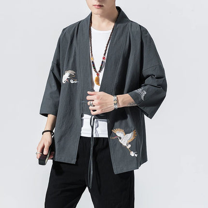 Camicie gru ricamate stile cinese retrò cotone lino Tang vestito Cardigan Mens tradizionale Kung Fu Tai Chi Casual Top camicette