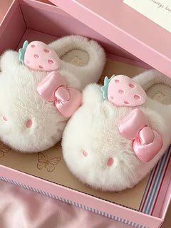 Sanrio Hello Kitty Strawberry Plush Autumn Winter Warm Slippers Girls Daily Home Slippers TPR Anti Slip Sole Cute House Slippers