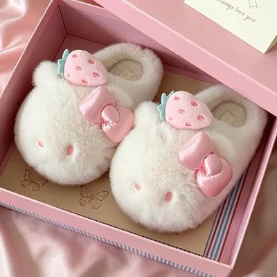 Sanrio Hello Kitty Strawberry Plush Autumn Winter Warm Slippers Girls Daily Home Slippers TPR Anti Slip Sole Cute House Slippers