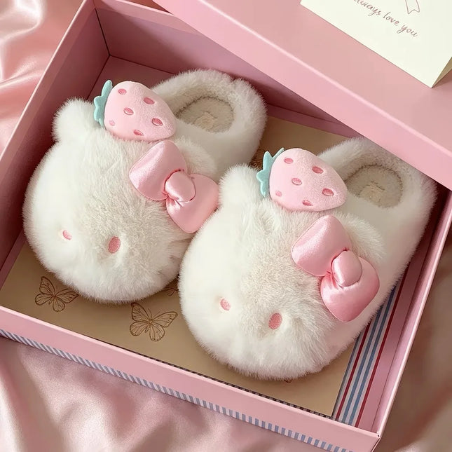 Sanrio Hello Kitty Strawberry Plush Autumn Winter Warm Slippers Girls Daily Home Slippers TPR Anti Slip Sole Cute House Slippers