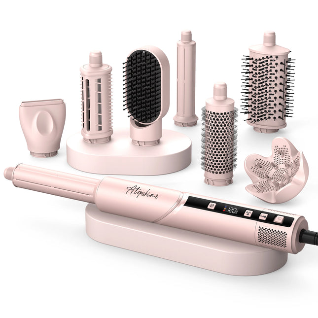 Atopskins 643-1-Pink- 8 In 1 Hot Air Brush Set, Hot Air Brush For Curling Multi Functional Stylist, Straightening And Blow Dry Styling Tool, Home Styling Tool For Straight Hair And Curly Hair Foldable Body Design