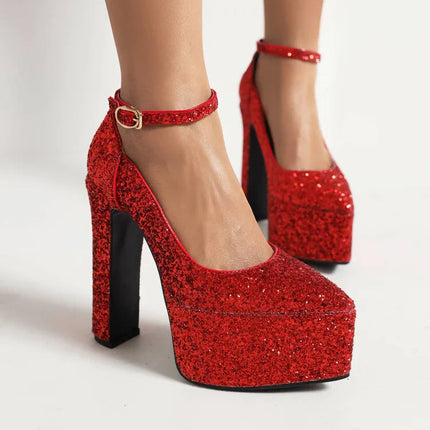 Ochanmeb Bling Bling Silver Gold Glitter Shoes Woman Ultra High Heels Platform Buckle Sequin Red Pumps Ladies Party Prom Wedding PlatiNum