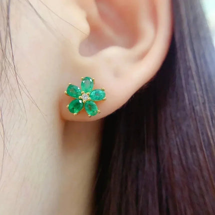 3*4mm Natural Emerald Flower Design Earrings with Certificate Fine Charm Fashion Weddings Jewelry for Women PlatiNum