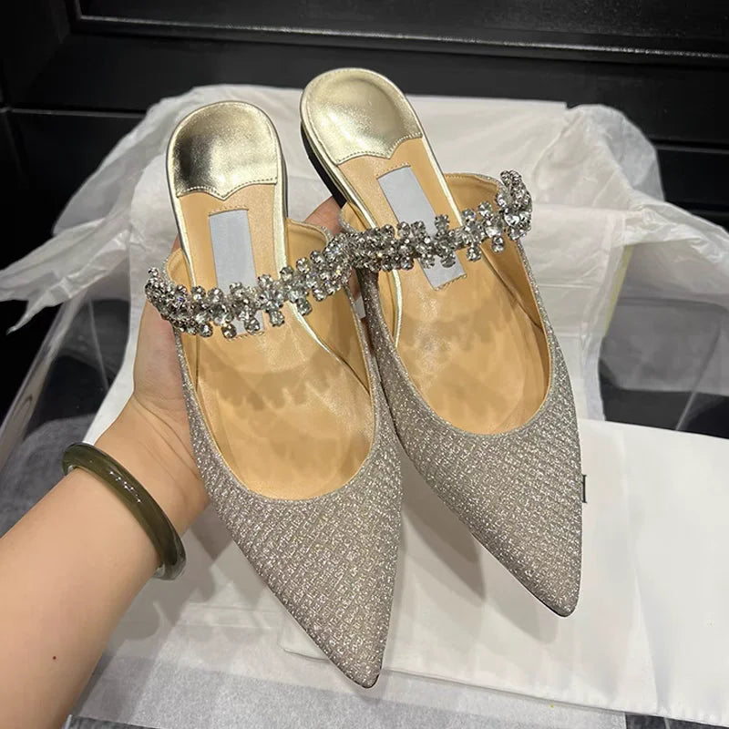 European and American Women Slippers 2025 Summer New Rhinestone High Heels Pointed Temperament Muller Shoes