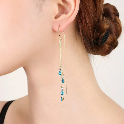 Luxury Temperament Green Zircon Drop Earrings For Women Korean Fashion Long Tassel Rhinestone Earring Wedding Party Jewelry PlatiNum