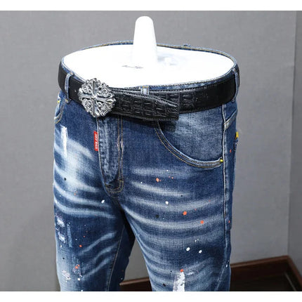 Fashion Designer Men Jeans Retro Blue Stretch Slim Fit Painted Ripped Jeans Men Korean Style Vintage Casual Denim Pants Hombre PlatiNum