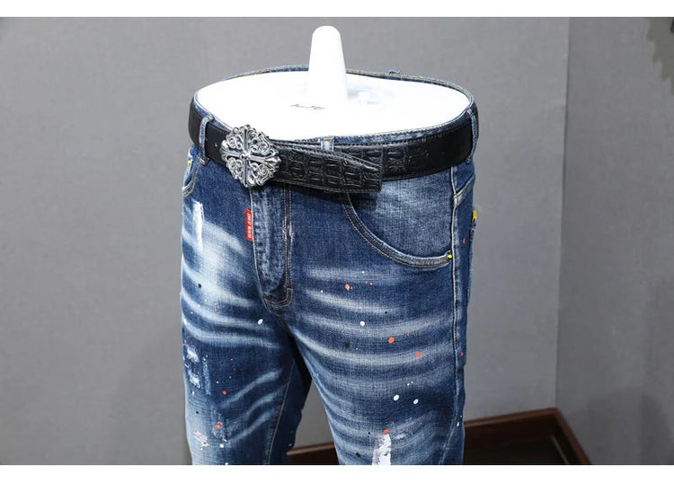 Fashion Designer Men Jeans Retro Blue Stretch Slim Fit Painted Ripped Jeans Men Korean Style Vintage Casual Denim Pants Hombre PlatiNum