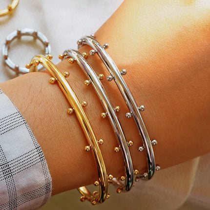 Set di gioielli di lusso Bracciale rigido in acciaio inossidabile Anello da dito Orecchini a cerchio con mini sfere per regali di gioielli di moda da donna platinumshop