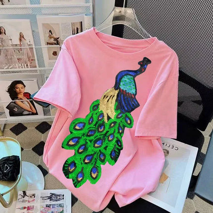 T-shirt da donna a maniche corte girocollo casual con stampa cartoon, oversize, stile Y2K, patchwork, con strass, moda estiva