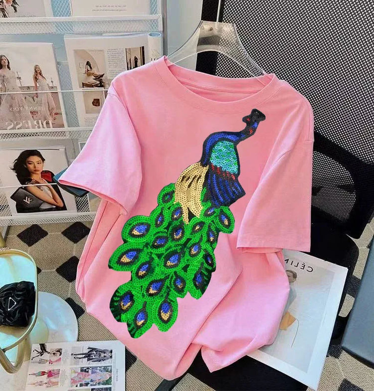 T-shirt da donna a maniche corte girocollo casual con stampa cartoon, oversize, stile Y2K, patchwork, con strass, moda estiva