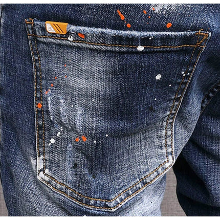 Fashion Streetwear Men Jeans Retro Black Blue Elastic Slim Fit Ripped Jeans Men Spliced Designer Embroidery Hip Hop Denim Pants PlatiNum