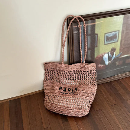 Hylhexyr Women's Letter Embroidered Shoulder Bag Woven Straw Bag Large Capacity Empty Holiday Beach Bags