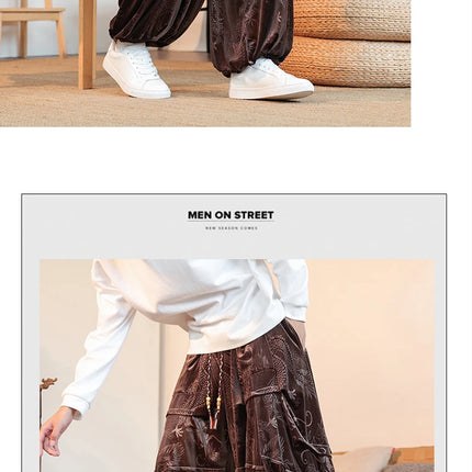 Pantaloni di velluto da uomo autunno inverno retrò drago stampa pantaloni larghi da uomo stile cinese pantaloni casual a gamba larga per uomo taglie forti 5XL