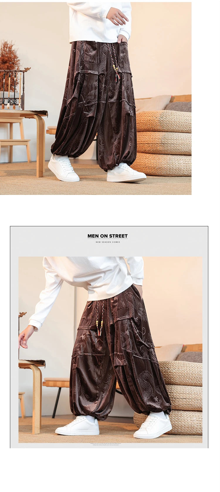 Pantaloni di velluto da uomo autunno inverno retrò drago stampa pantaloni larghi da uomo stile cinese pantaloni casual a gamba larga per uomo taglie forti 5XL